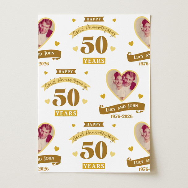 Personalised Wrapping Paper 50th Wedding Anniversary 50 Year Photo Gold Heart