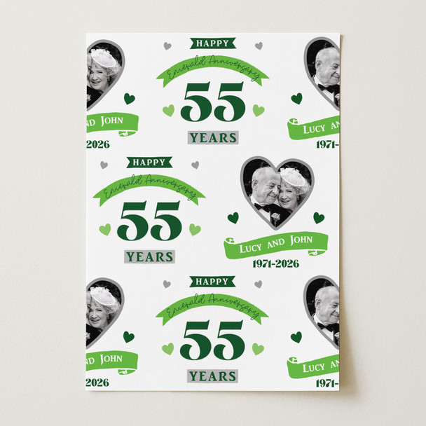 Personalised Wrapping Paper 55th Wedding Anniversary 55 Year Photo Emerald Heart