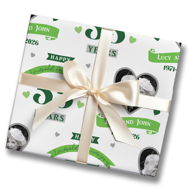 Personalised Wrapping Paper 55th Wedding Anniversary 55 Year Photo Emerald Heart