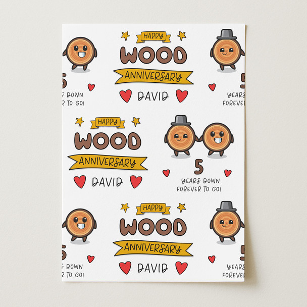 Personalised Wrapping Paper 5th Wedding Anniversary 5 Year Wood Couple Gift Wrap
