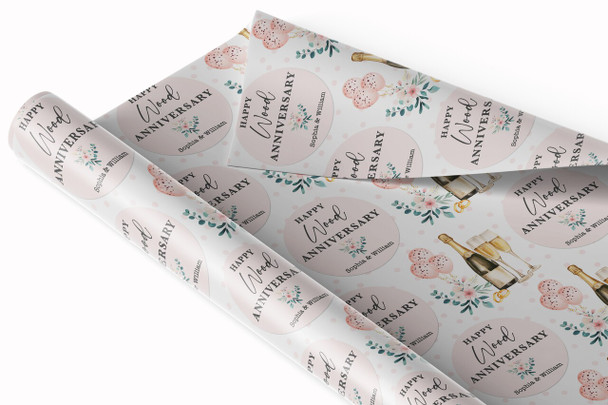 Personalised Wrapping Paper 5th Wood Wedding Anniversary Champagne Glasses