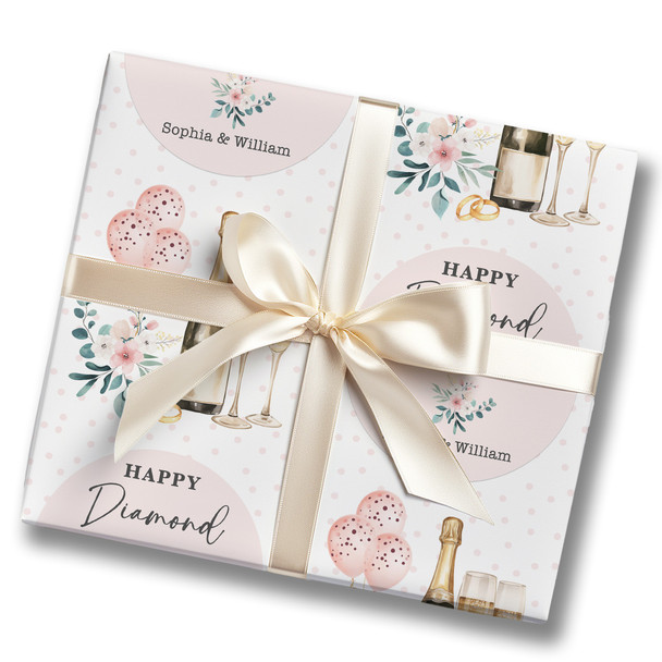 Personalised Wrapping Paper 60th Diamond wedding Anniversary Floral Champagne