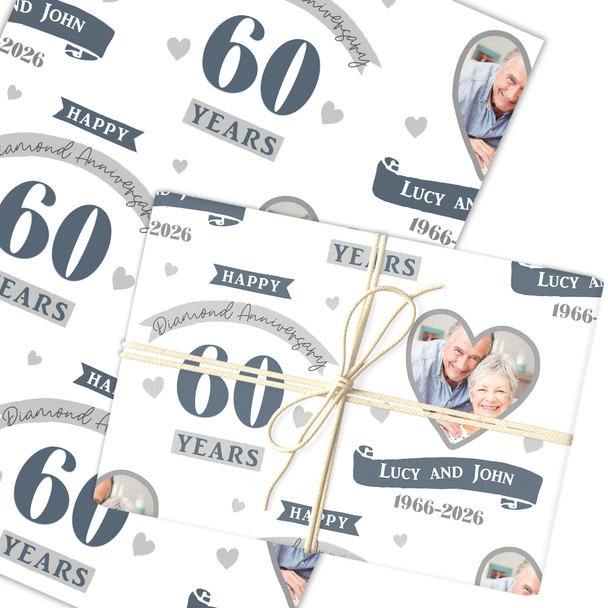 Personalised Wrapping Paper 60th Wedding Anniversary 60 Year Photo Diamond Heart
