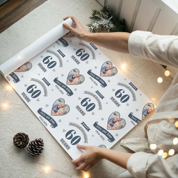 Personalised Wrapping Paper 60th Wedding Anniversary 60 Year Photo Diamond Heart