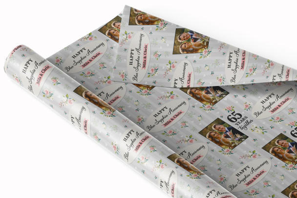 Personalised Wrapping Paper 65th Blue Sapphire Wedding Anniversary Photo Wrap