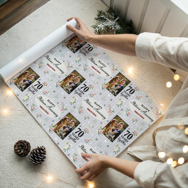 Personalised Wrapping Paper 70th Platinum Wedding Anniversary Floral Photo