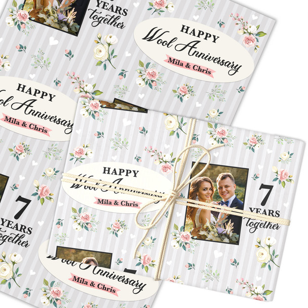 Personalised Wrapping Paper 7th Wool Wedding Anniversary Floral Photo Gift Wrap