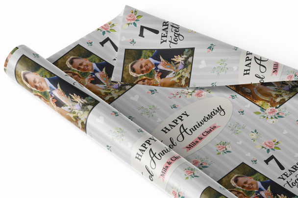 Personalised Wrapping Paper 7th Wool Wedding Anniversary Floral Photo Gift Wrap