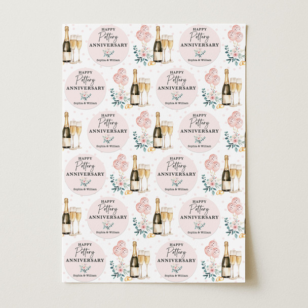 Personalised Wrapping Paper 9th Pottery Wedding Anniversary Champagne Glasses