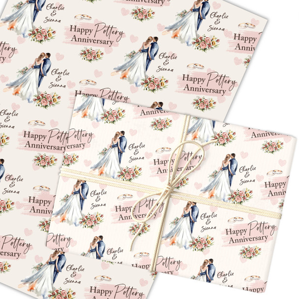 Personalised Wrapping Paper 9th Pottery Wedding Anniversary Watercolour Couple