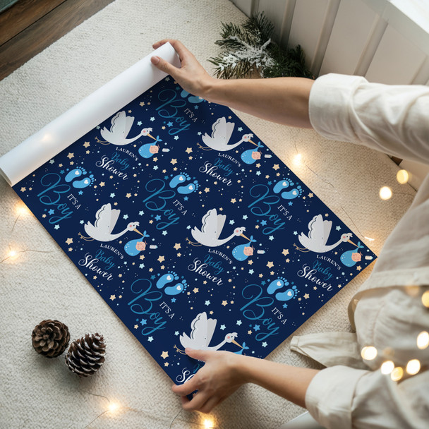 Personalised Wrapping Paper Baby Shower Gender Reveal It's A Boy Blue Stork Baby