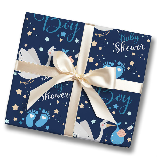 Personalised Wrapping Paper Baby Shower Gender Reveal It's A Boy Blue Stork Baby