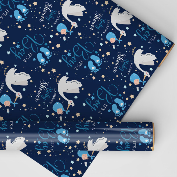 Personalised Wrapping Paper Baby Shower It's A Boy Blue Stork Gender Reveal