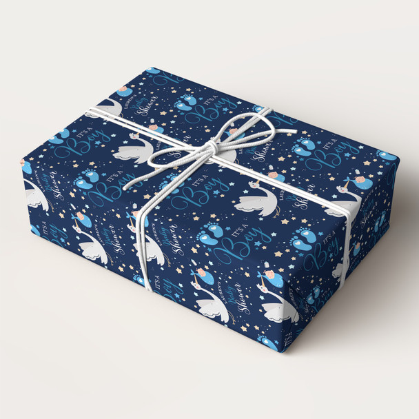 Personalised Wrapping Paper Baby Shower It's A Boy Blue Stork Gender Reveal