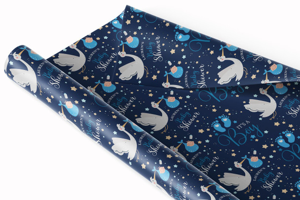 Personalised Wrapping Paper Baby Shower It's A Boy Blue Stork Gender Reveal