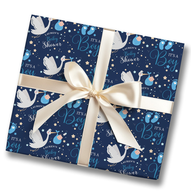 Personalised Wrapping Paper Baby Shower It's A Boy Blue Stork Gender Reveal