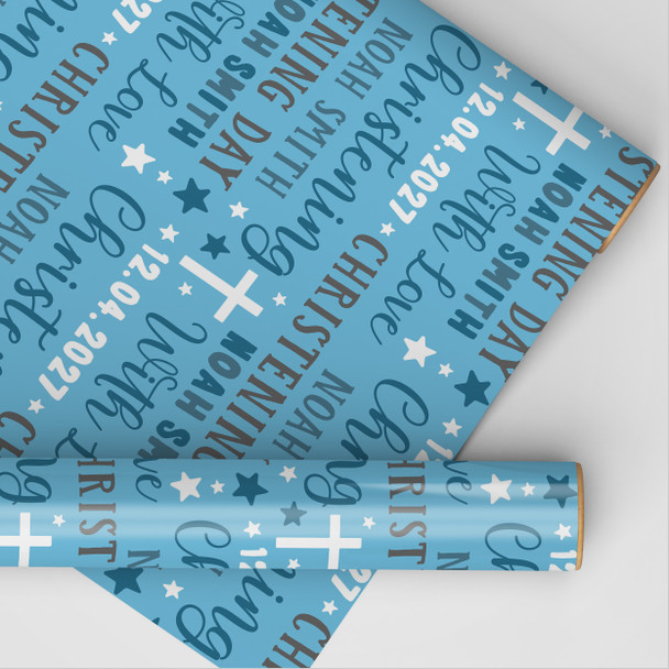 Personalised Wrapping Paper Christening Day Boy Blue Grey Stars Custom Gift Wrap
