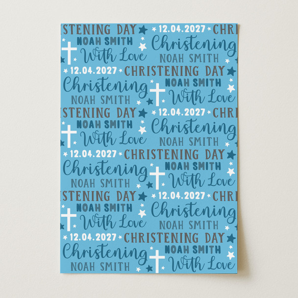 Personalised Wrapping Paper Christening Day Boy Blue Grey Stars Custom Gift Wrap