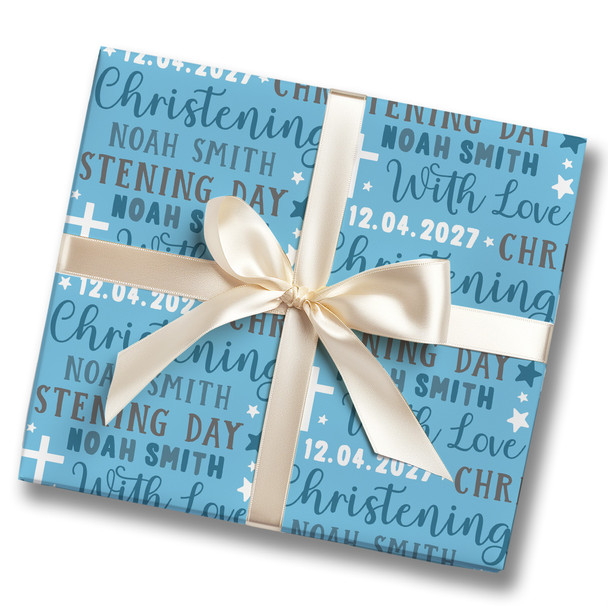 Personalised Wrapping Paper Christening Day Boy Blue Grey Stars Custom Gift Wrap