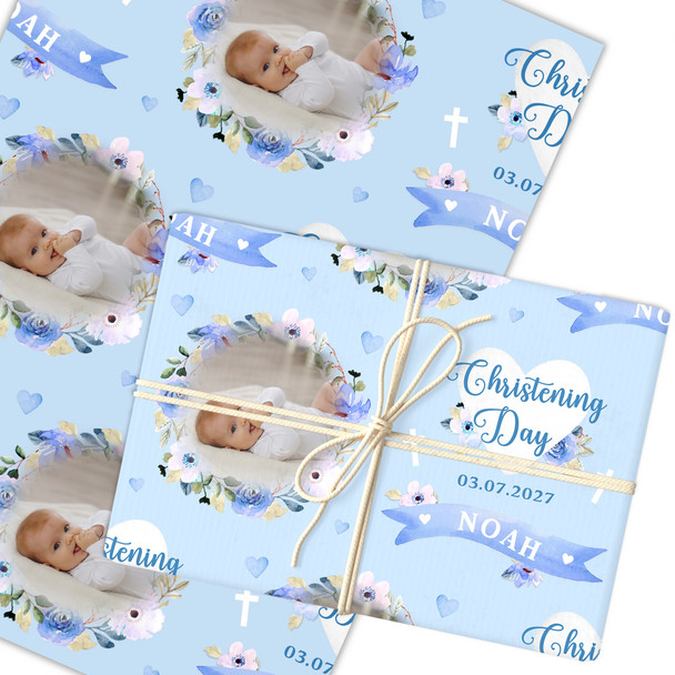 Personalised Wrapping Paper Christening Day Boy Photo Blue Flowers Gift Wrap