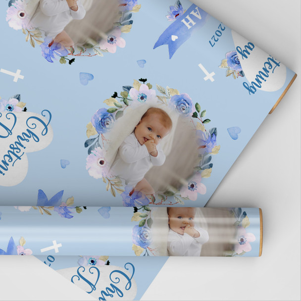 Personalised Wrapping Paper Christening Day Boy Photo Blue Flowers Gift Wrap