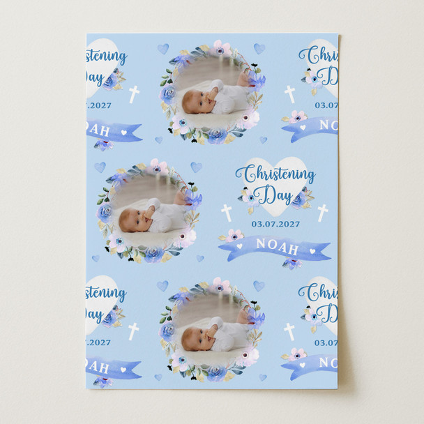 Personalised Wrapping Paper Christening Day Boy Photo Blue Flowers Gift Wrap