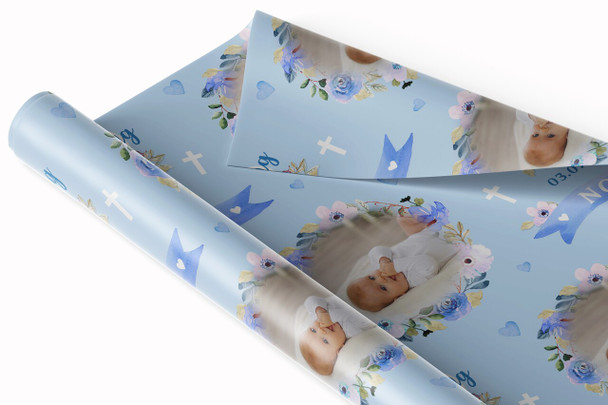 Personalised Wrapping Paper Christening Day Boy Photo Blue Flowers Gift Wrap