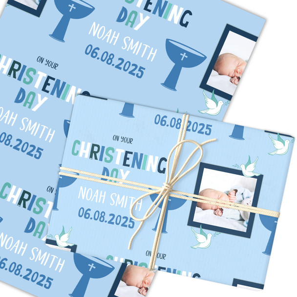 Personalised Wrapping Paper Christening Day Boy Photo Font Blue Custom Gift Wrap