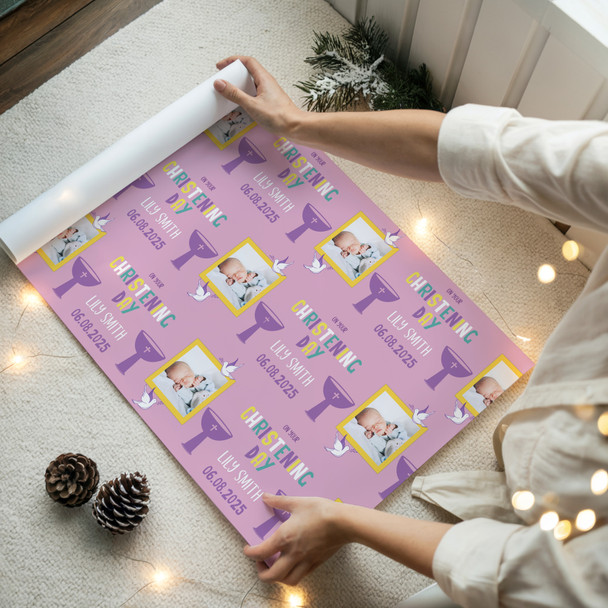 Personalised Wrapping Paper Christening Day Girl Photo Font Pink Gift Wrap