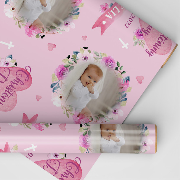 Personalised Wrapping Paper Christening Day Girl Photo Pink Flowers Gift Wrap