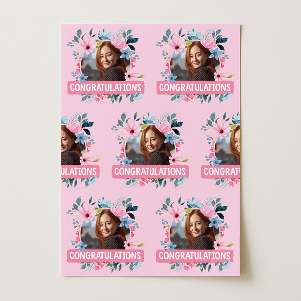 Personalised Wrapping Paper Congratulations Female Photo Pink Flowers Gift Wrap