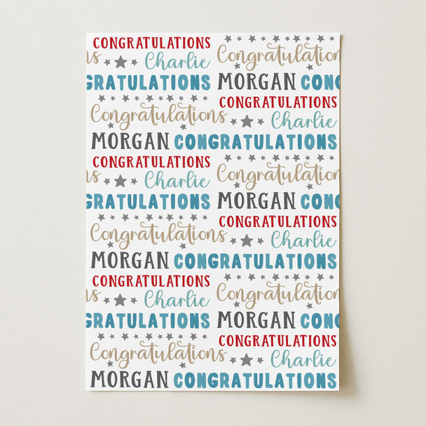 Personalised Wrapping Paper Congratulations Stars Grey Blue Red Custom Gift Wrap