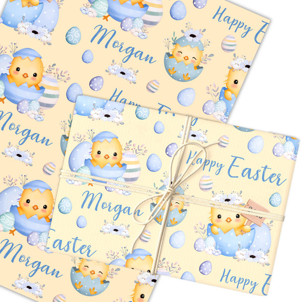 Personalised Wrapping Paper Easter Blue Chick Eggs Custom Gift Wrap