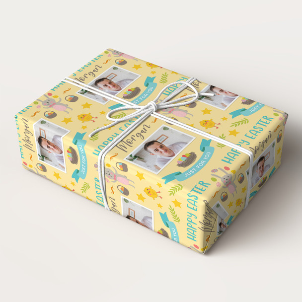 Personalised Wrapping Paper Easter Photo Bunny Chick Star Yellow Gift Wrap