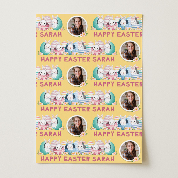 Personalised Wrapping Paper Easter Photo Bunny Eggs Yellow Custom Gift Wrap