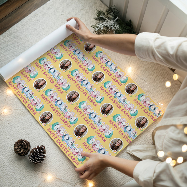 Personalised Wrapping Paper Easter Photo Bunny Eggs Yellow Custom Gift Wrap