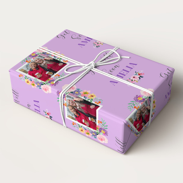 Personalised Wrapping Paper Get Well Soon Female Photo Flower Purple Gift Wrap