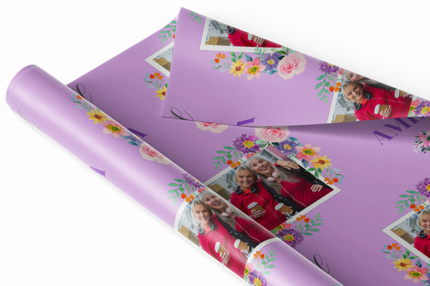 Personalised Wrapping Paper Get Well Soon Female Photo Flower Purple Gift Wrap