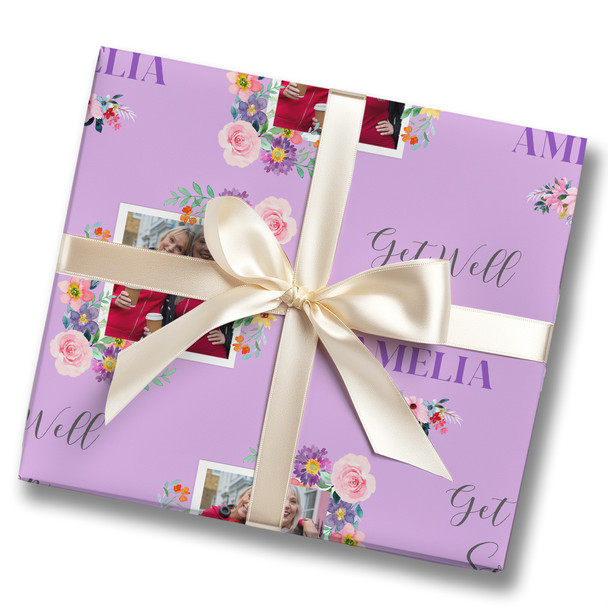 Personalised Wrapping Paper Get Well Soon Female Photo Flower Purple Gift Wrap