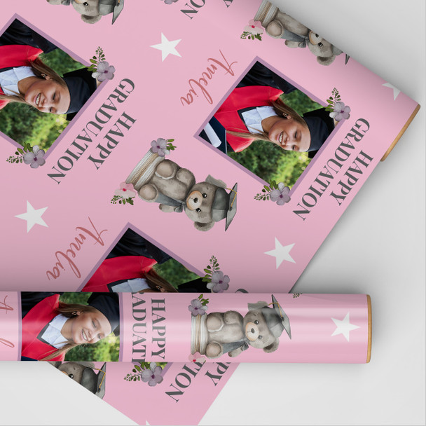 Personalised Wrapping Paper Graduation Female Photo Bear Pink Hat Gift Wrap