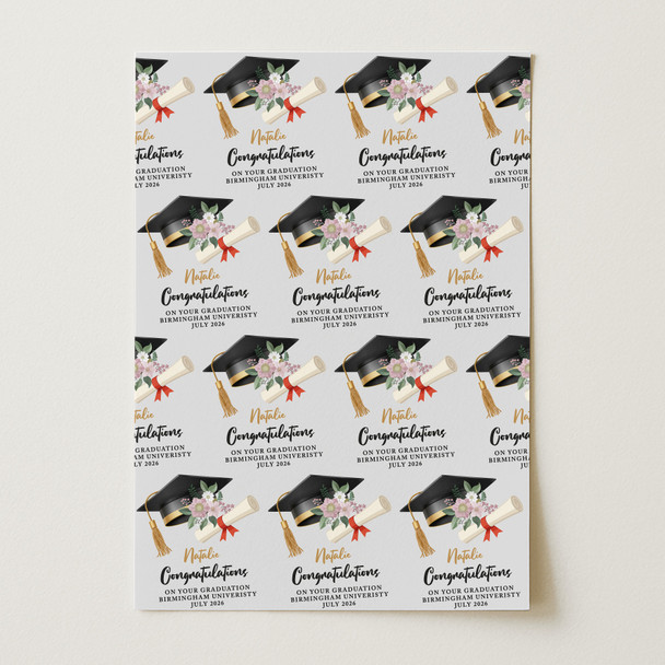 Personalised Wrapping Paper Graduation Floral Hat Custom Gift Wrap