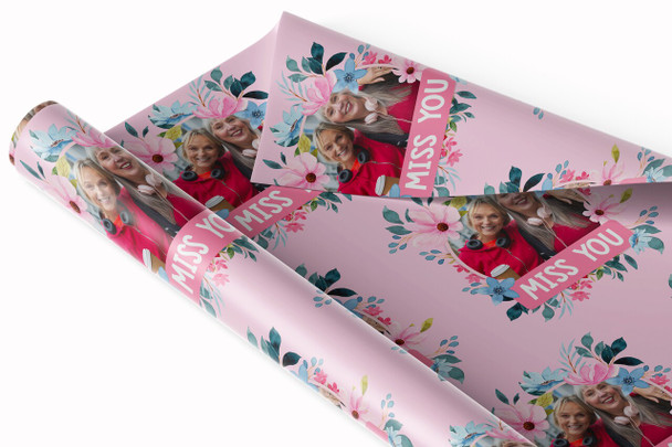 Personalised Wrapping Paper Miss You Female Photo Pink Flowers Custom Gift Wrap