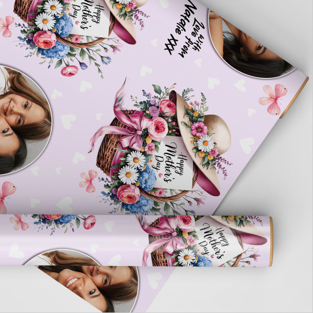 Personalised Wrapping Paper Mother's Day Floral Basket Photo Pink Gift Wrap