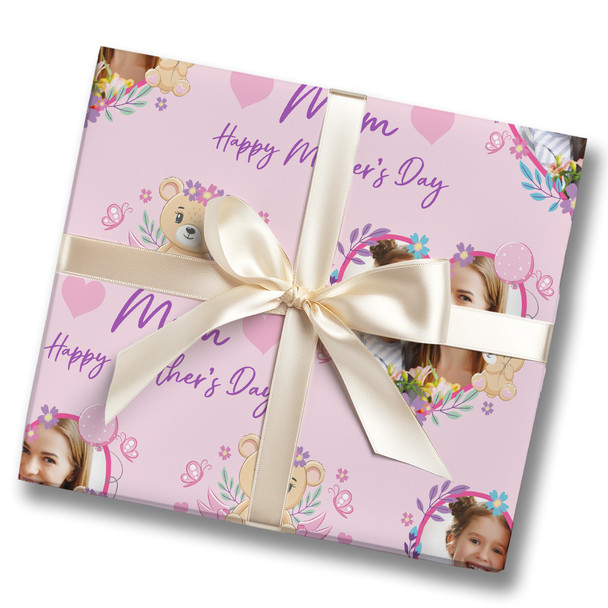 Personalised Wrapping Paper Mother's Day Mum Photo Bear Pink Hearts Gift Wrap