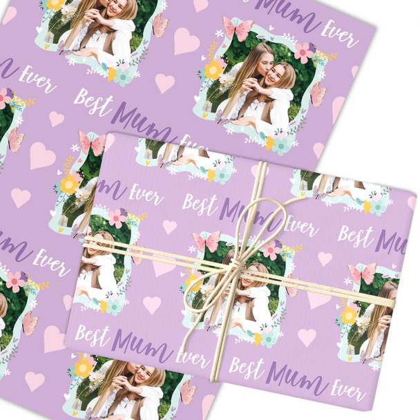 Personalised Wrapping Paper Mother's Day Photo Best Mum Ever Purple Butterfly