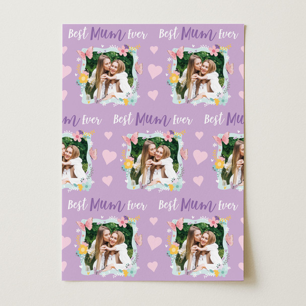 Personalised Wrapping Paper Mother's Day Photo Best Mum Ever Purple Butterfly