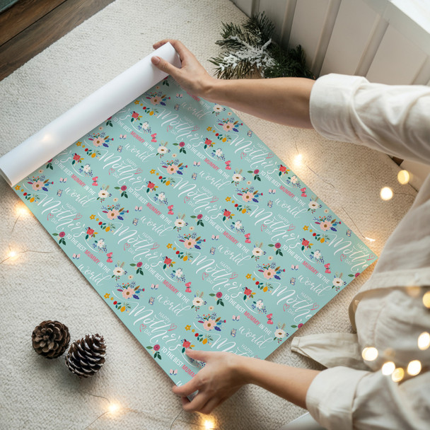 Personalised Wrapping Paper Mother's Day Mummy Floral Mint Custom Gift Wrap
