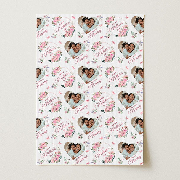 Personalised Wrapping Paper Mother's Day Mummy Pink Floral Heart Photo Gift Wrap