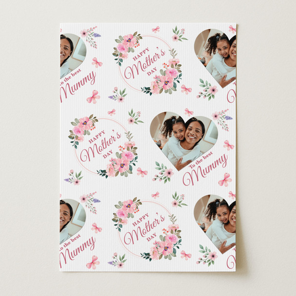Personalised Wrapping Paper Mother's Day Mummy Pink Flower Heart Photo Gift Wrap