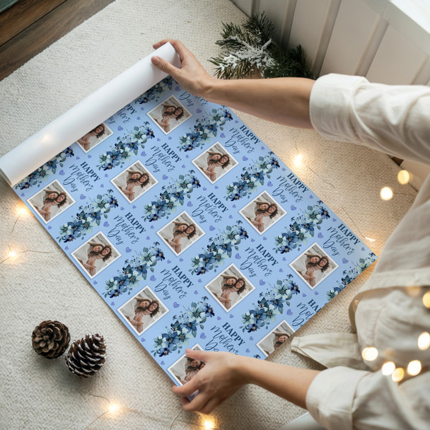 Personalised Wrapping Paper Mother's Day Photo Blue Flowers Heart Gift Wrap